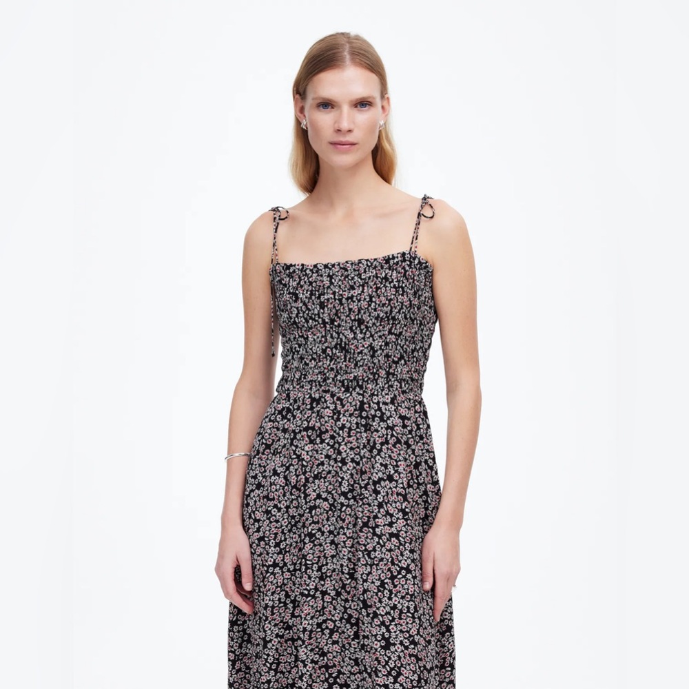 NWT Madewell Smocked Tie-Strap Floral Midi Dress in Daisy Black Ground Size 4